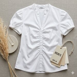 Ricki's Sz 18 White Mandarin Collar Ruched V-Neck Puff Sleeve Blouse Minimalist